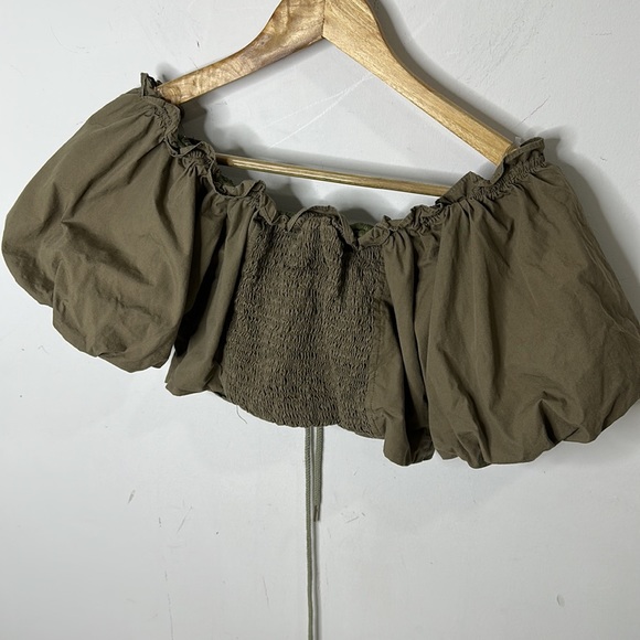 AM GIA Green Off Shoulder Puff Sleeve Lace Up Corset Cropped Crop Top M - Picture 7 of 10